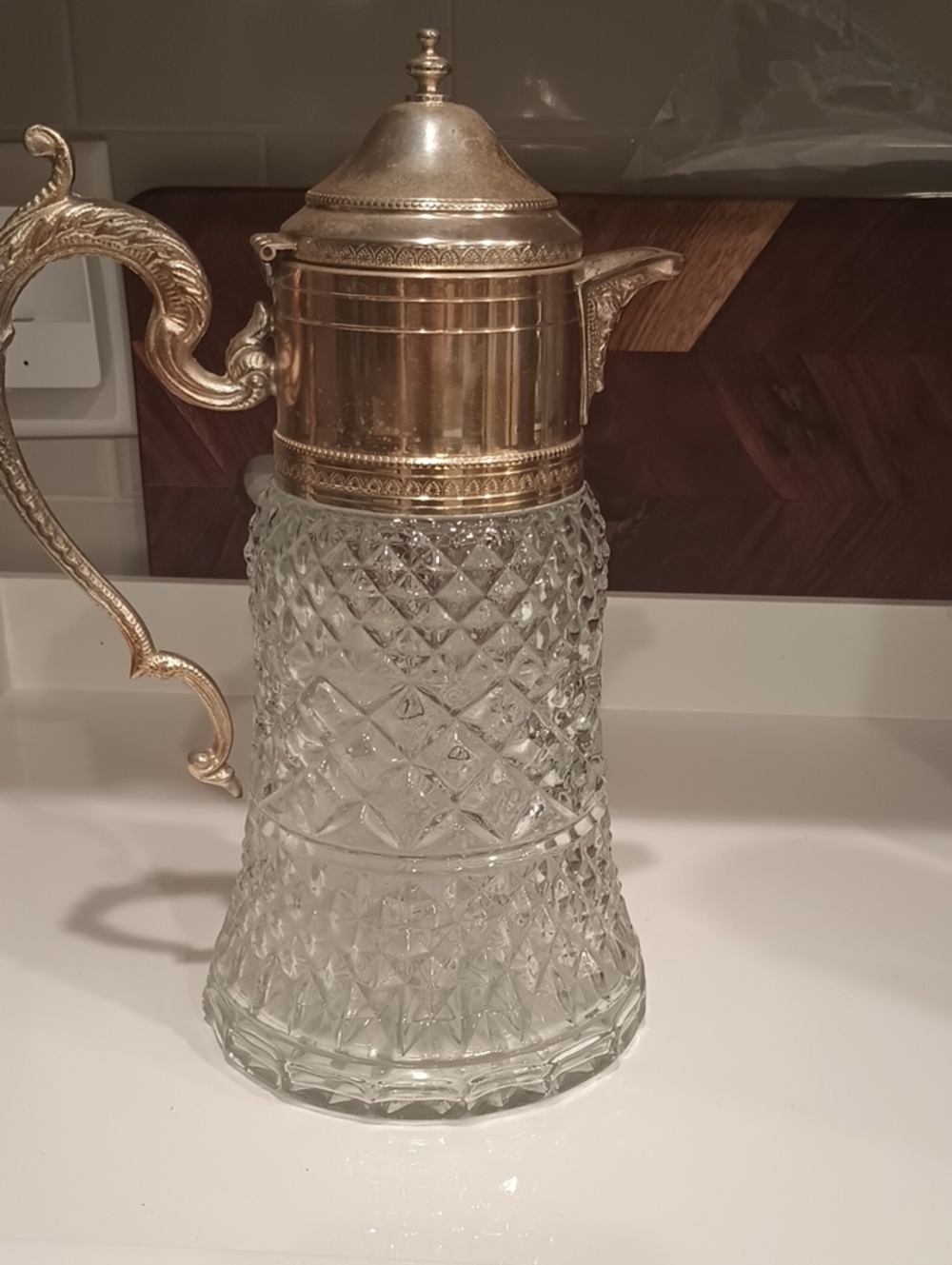 Vintage crystal diamond cut silverplated 11" decanter pitcher